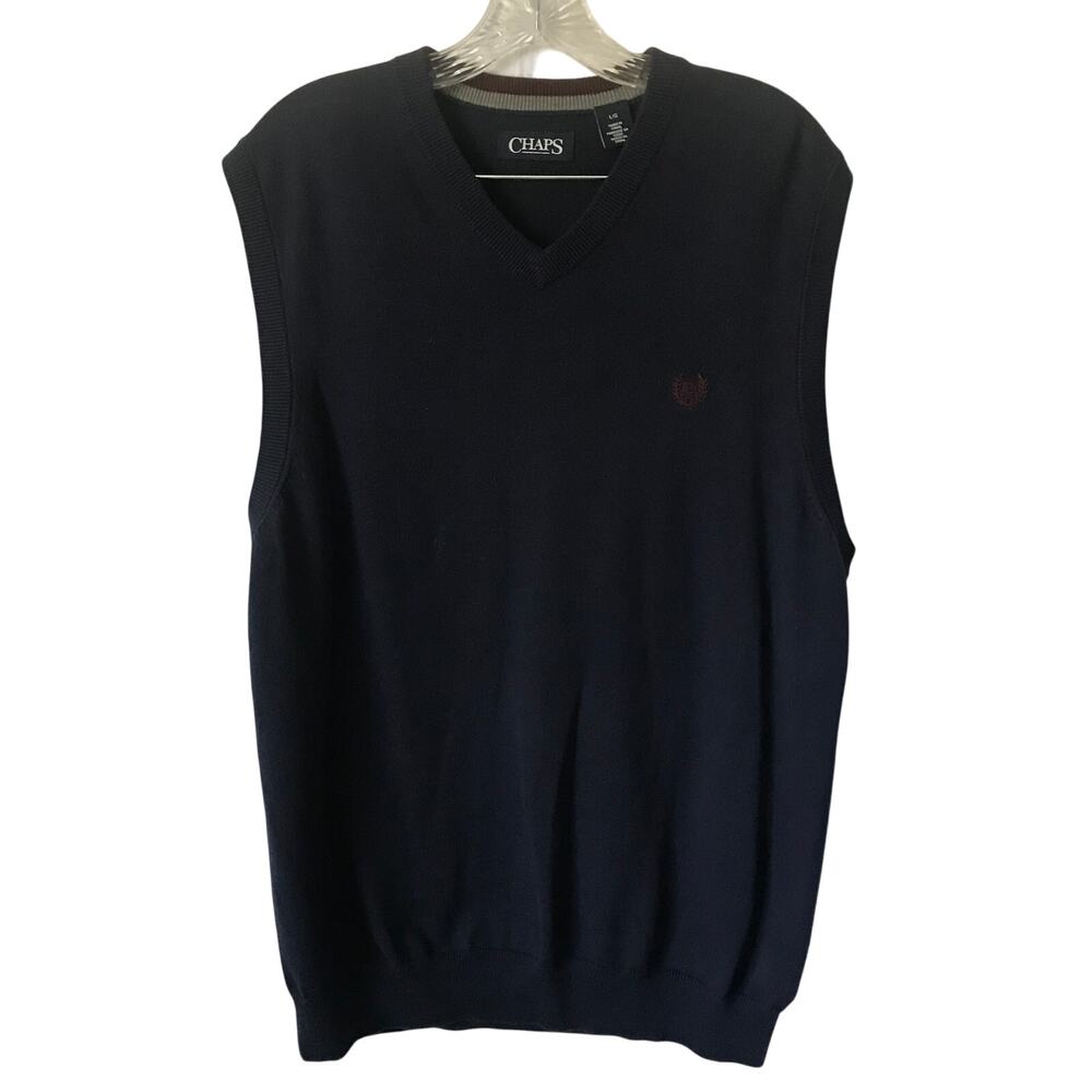 Chaps Sweater Large Mens Navy V Neck Maroon Crest Sleeveless Cotton Large